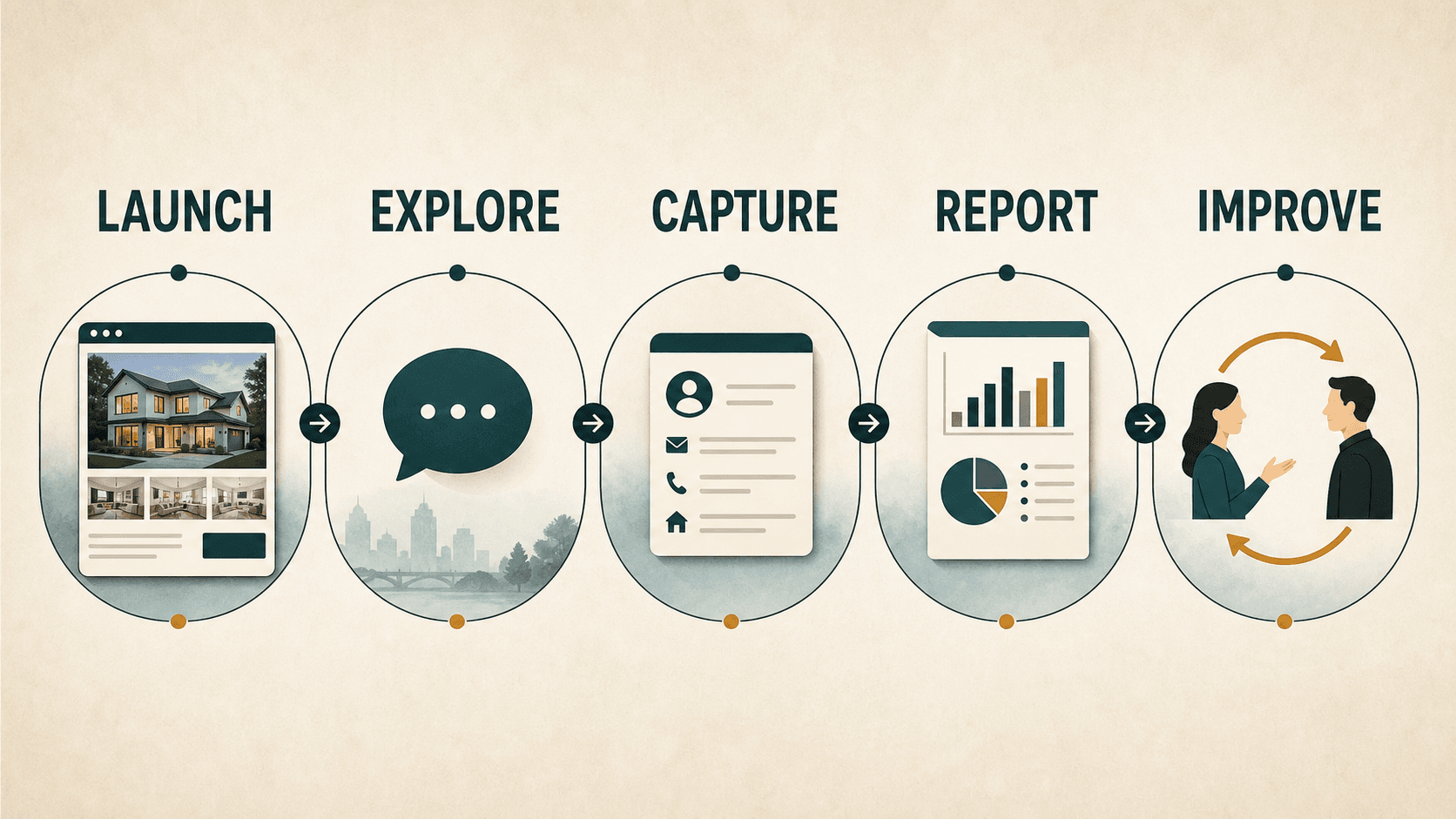 Five connected stages labeled Launch, Explore, Capture, Report, and Improve, showing the journey from listing page to human workflow improvement.