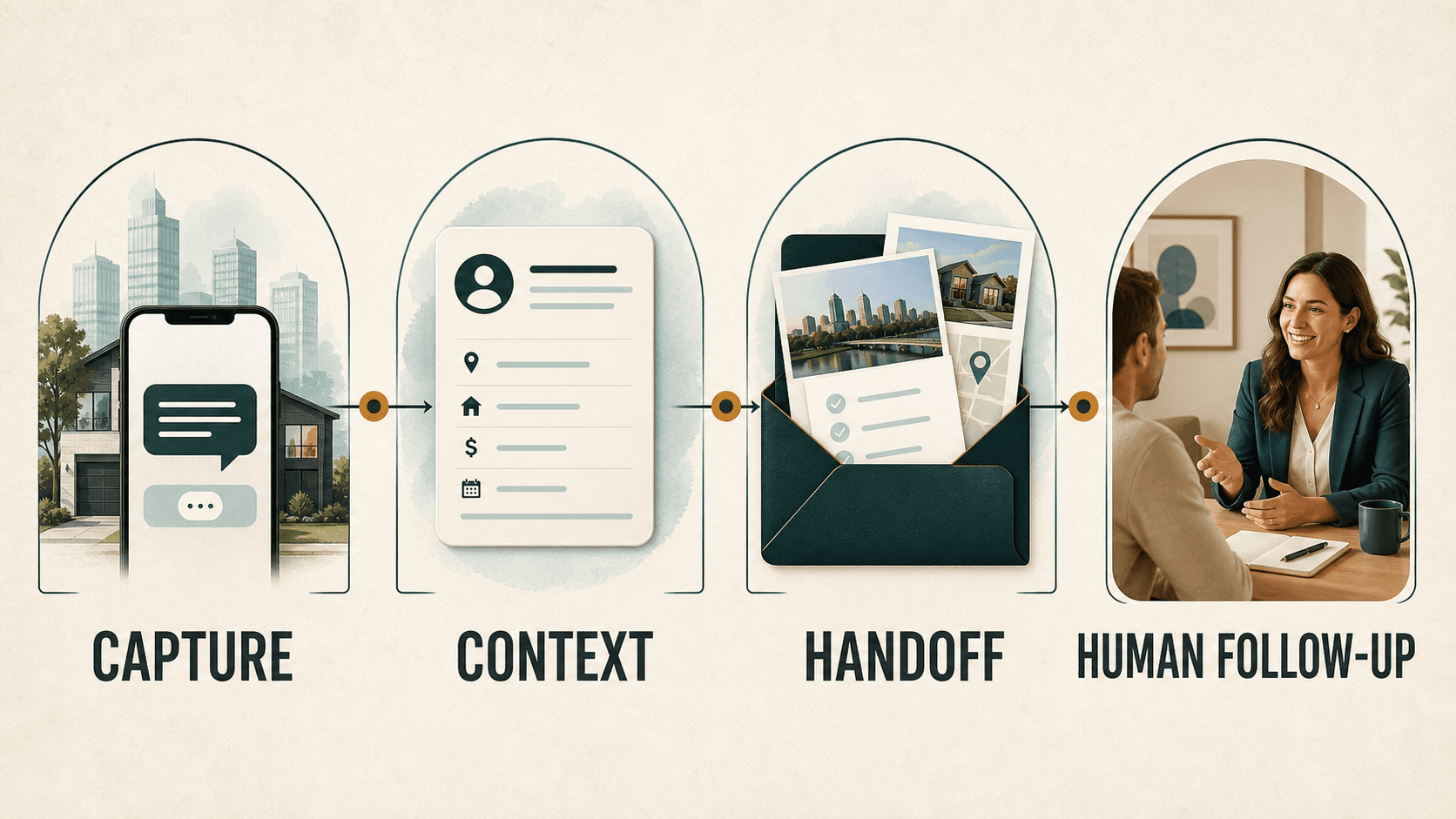 Four-step diagram showing a listing inquiry being captured, organized into context, handed off, and followed up by a human realtor.